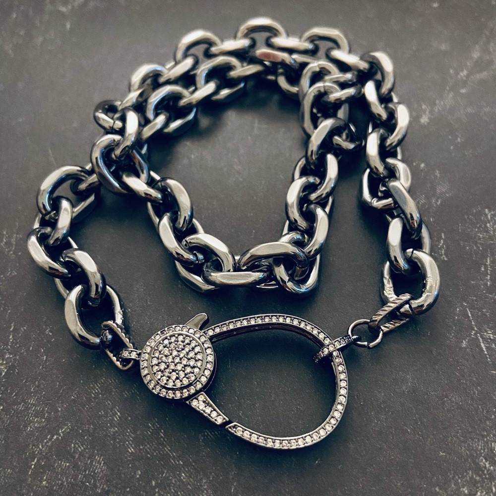 New gunmetal chain with micro pave lobster clasp 18” Approx